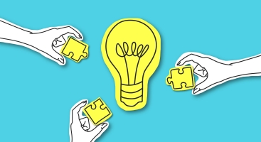 Graphic showing three hands contributing puzzle pieces to an 'idea' lightbulb.
