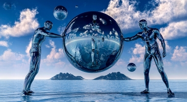 Futuristic beings pushing against a ball