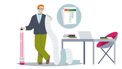 Illustration of a man looking at a long piece of paper, stood next to a desk with a laptop and books on it. An Ofsted report card is in a circle over the desk.