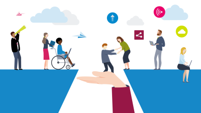 Image depicting the concept of a metaphorical digital divide with technology and school staff working together