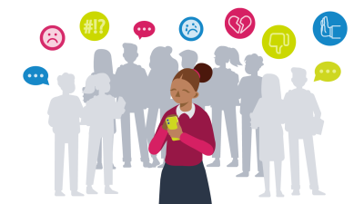 Illustration of a child looking upset at their phone, with a group of people outlined behind them