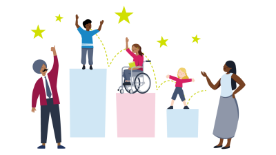illustration depicting a male and a female educator with three students of diverse needs. 