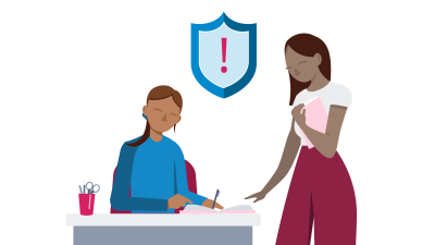 Illustration of a woman sat at a desk with pen in hand. Another illustrated woman holding a book stands next to the desk looking concerned with her hand placed on the edge of the desk,