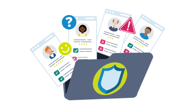 Illustration of a folder with a blue-lined shield to represent safeguarding. Falling out of the folder are papers with pupils photos and details on them, illustrated question marks, smiley face and exclamation points are around the files.