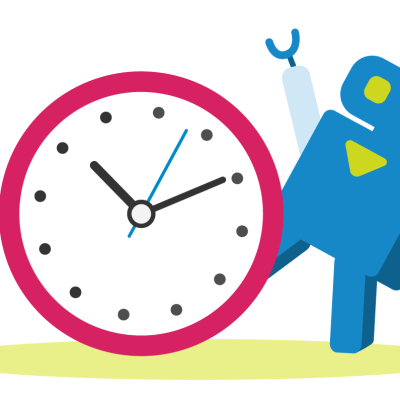 An AI robot stood behind a clock
