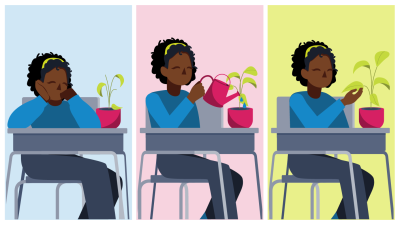 Illustration with three side-by-side panels, each shows a girl with a plant pot on her desk, and the plant grows more between each panel