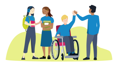 An illustration of four students next to each other, two girls and two boys. One of the boys is in a wheelchair, and he is high fiving the boy stood next to him.