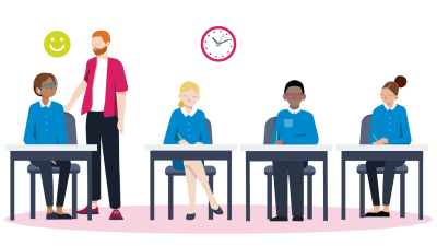 Four students sat at desks, with a teacher talking to one of them.