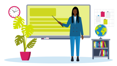 Illustration of a teacher holding a pointer at a board behind her, with a clock and plant on the left and a bookshelf and globe to her right.