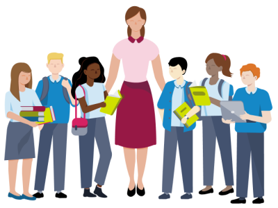 A teacher with their students huddled around them