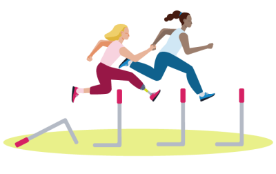 Two students, one with prosthetic leg jumping over hurdles