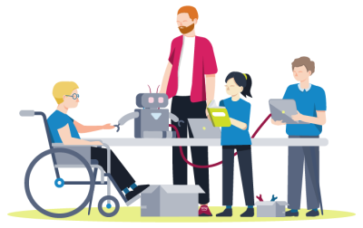 Students including one in a wheelchair at a desk with technology and a robot