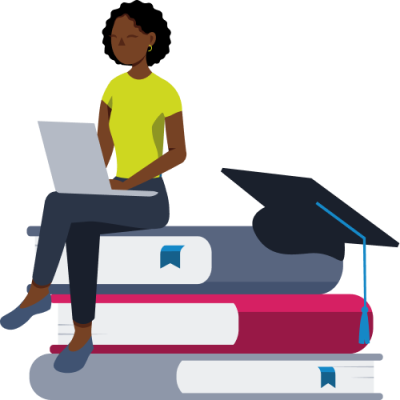 Student on laptop sitting on books