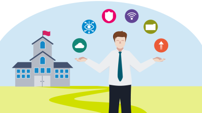 School leader outside of a school with edtech training symbols