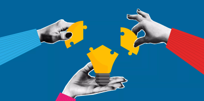 Three hands with each holding a yellow jigsaw piece, on a dark blue background