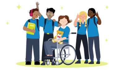Group of students including a girl in a wheelchair