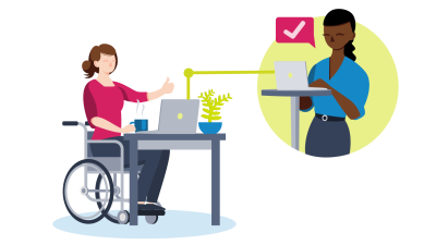 Woman in wheelchair at desk communicating with another woman via laptop