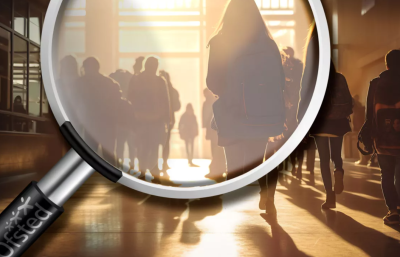 Magnifying glass over school halls and students