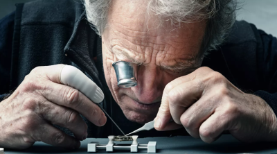 Older man looking through a magnifying glass at watch parts
