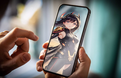 Person holding a phone showing an AI generated image of a woman