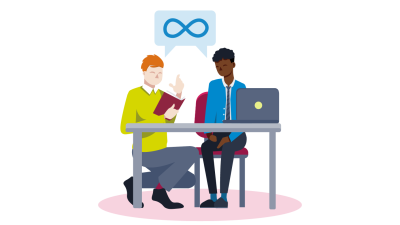 teacher supporting a child sat at a desk. The sign for neurodiversity is above them