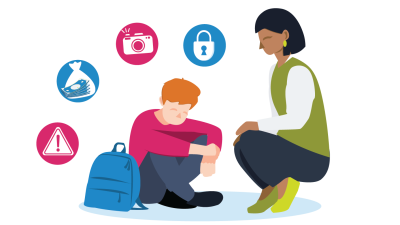 Illustration of a boy sat on the floor looking sad, with a teacher kneeling above him and icons around them showing a warning sign, money, camera, and padlock