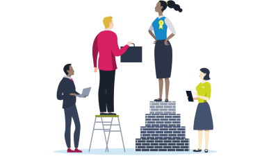 Teachers at different heights on steps and ladders