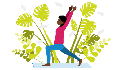 Illustration of a woman wearing a pink top doing yoga, with a variety of green leaves growing up behind her