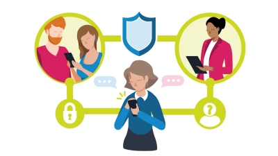 Illustration of a girl on a smartphone, with a shield above her head. To her left is a circle with two adults in it, and to her right is a circle with a teacher in it.