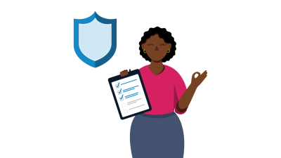 Illustration of a woman holding a clipboard, with a blue safeguarding shield to her left.
