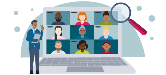 Laptop showing a virtual meeting with people arranged 3x3