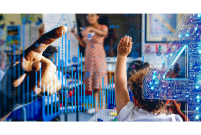 Classroom with tech icons overlaid