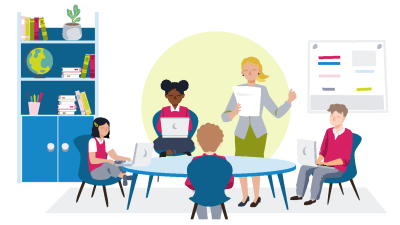 A teacher and group of children around a round table with laptops