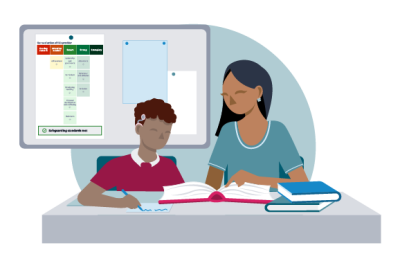Teacher and student with cochlea implant at a desk. Ofsted report card in background