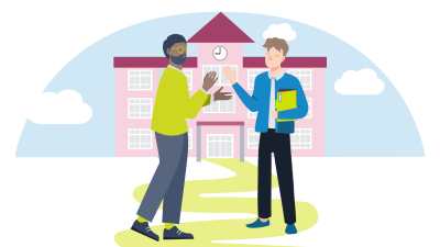 Illustration of a teacher stood outside a school next to a trainee teacher, with a blue sky and clouds above them